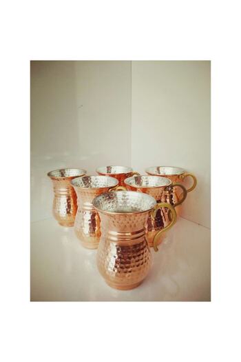 Abay 6Pcs Copper Ayran Cup with Thick Hammered Handle, Water Cup Mug
