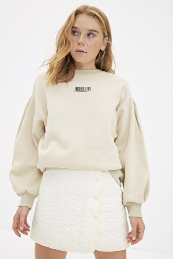 Trendyol Collection Stone Thick Inside Fleece Minimal Potištěný Balónový rukáv Pletená mikina TWOAW22SW1864