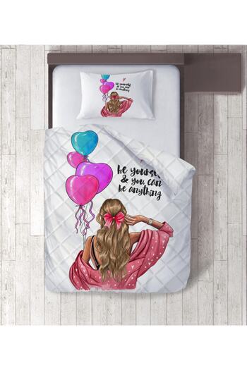 yok yok evim eve dair her şey Girl with Balloons Digital Printed Single Quilt Set