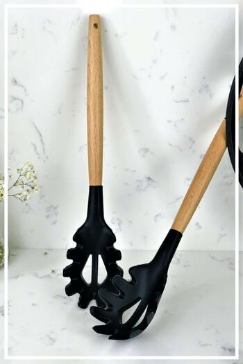 HAZARPAZAR Bamboo Handle Silicone Spaghetti & Salad Spoon Black