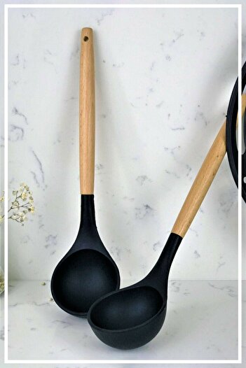 HAZARPAZAR Silicone Ladle with Bamboo Handle - Black