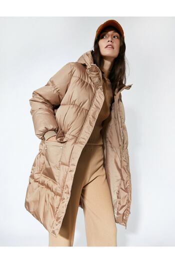 Koton Long Puffer Coat with Hood, Zipper, Snap, Flap and Pocket