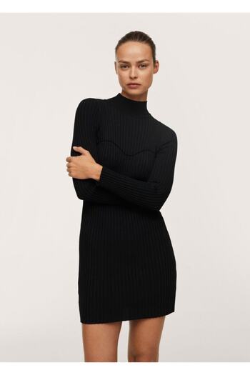 MANGO Woman Women's Black Corded Knitted Dress