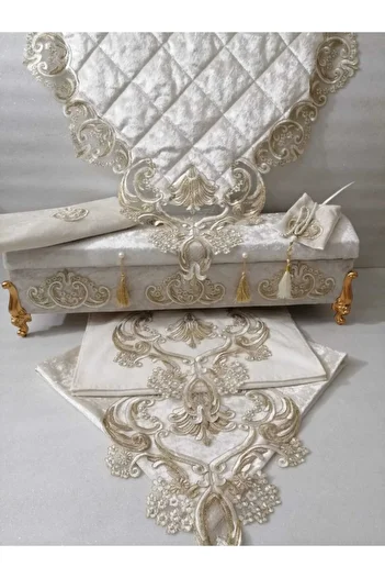 Lady Rio Prayer Rug Bundle Set with Storage, French Lace and Velvet Fabric. Ecru Fabric Gold Lace