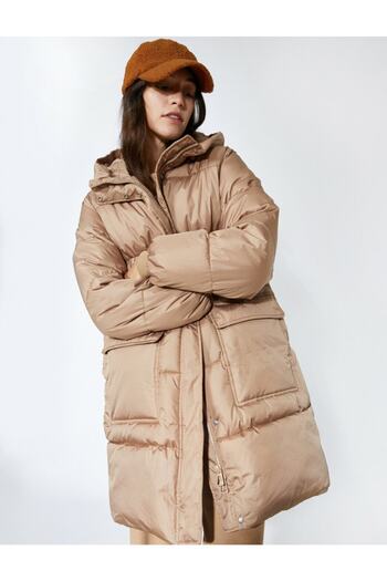 Koton Long Puffer Coat with Hood, Zipper, Snap, Flap and Pocket