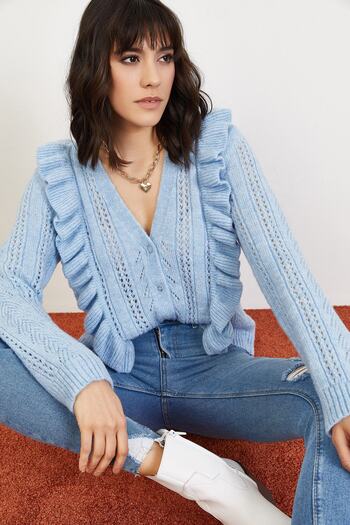Bianco Lucci Cardigan albastru cu nasturi moale, ajurate, cu volan, 10021061