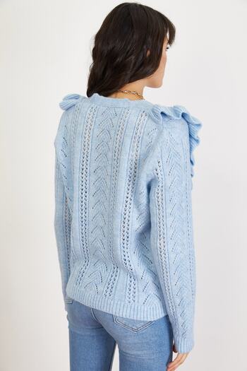 Bianco Lucci Cardigan albastru cu nasturi moale, ajurate, cu volan, 10021061