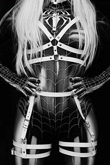 Sweet Demon Plus Size Fancy Leather Harness Set - Chest and Leg Detail, White