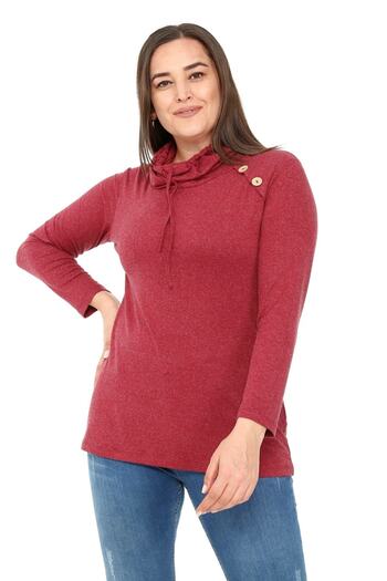 DISENTIS MODEST Plus Size Drawstring Degaje Collar Wool Viscose Burgundy Blouse with Button Detail on the Shoulder