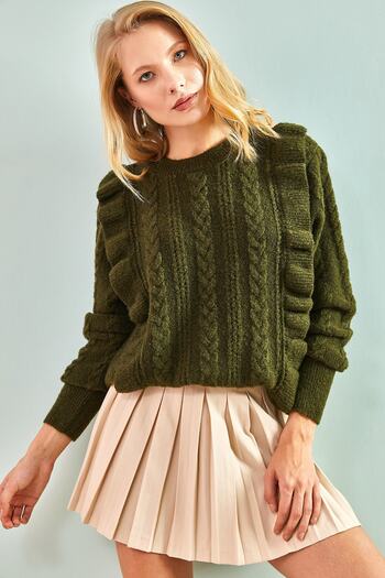 Bianco Lucci Women's Khaki Openwork Frilled Soft Sweater 1020W1007