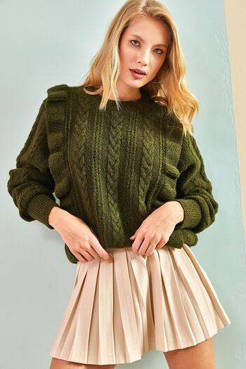 Bianco Lucci Women's Khaki Openwork Frilled Soft Sweater 1020W1007