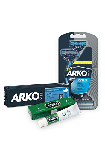 ARKO Men's Shaving Cream Cool 100ml And Men's T3 Shaving Blade 3 Pack And Classic Oily Cream 20cc