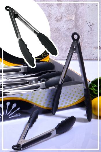 HAZARPAZAR Metal Handle Silicone Tongs with Lock System - Black