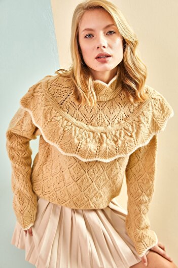 Bianco Lucci Durchbrochener, gekräuselter, weiß gestreifter halber Fisherman-Strickpullover für Damen