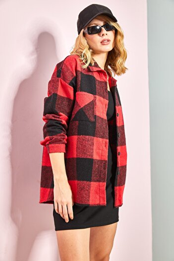 Bianco Lucci Women's Pocketed Cashmere Lumberjack Shirt