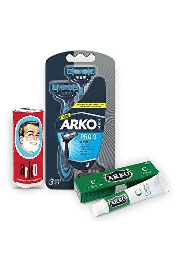 ARKO Shaving Soap 75gr And Men T3 3 Pack Razor And Classic 20cc Cream