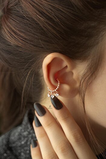 BY BARUN SİLVER Kıkırdak Earcuff Halka 925 Ayar Zirkon Taşlı Rose Pembe Sıkıştırmalı Gümüş Kıkırdak Küpe