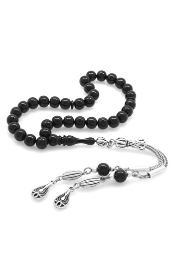 Tesbihane Non-Tarnish Metal Tasseled Globe Cut Wrist Length Black Clamping Amber Prayer Beads