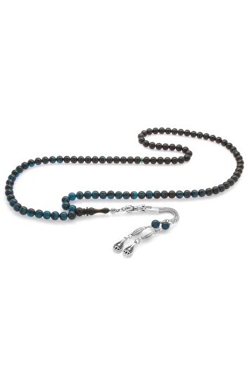 Tesbihane Non-Tarnish Metal Water Drop Tasseled Globe Cut Filtered Turquoise-black Fire Amber 99 Pcs Rosary