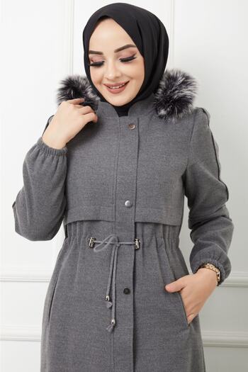 KMKkombin Women's Zippered Full Length Cashmere Hooded Fur Long Stitched Topcoat Coat