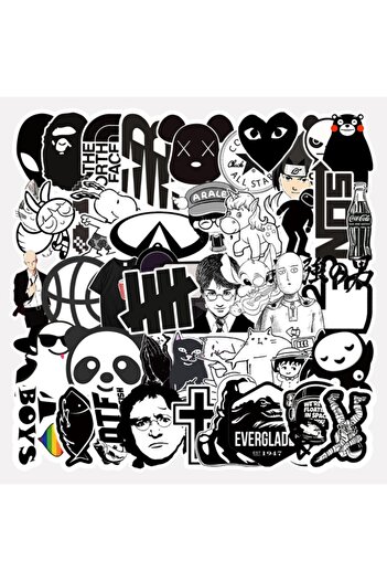 CajuArt 50 Pieces Non-Repeated Black and White Style Mixed PVC Sticker 013