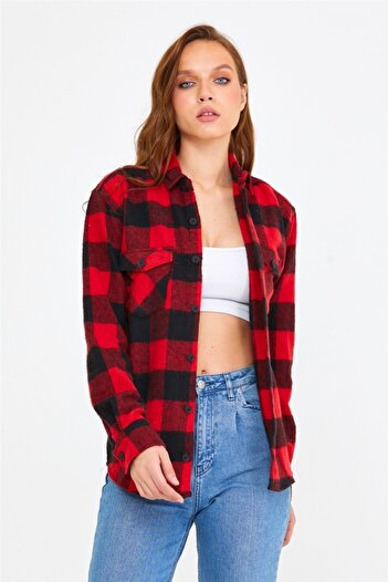Tarz Cool Women's Red Slim Fit Pocket Plaid Lumberjack Shirt-kkkodg001r07s