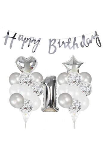 Deniz Party Store 1 Yaş Metalik Gümüş Kaligrafi Happy Bırthday Yazılı Gümüş Konfetili Balon Seti