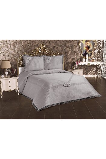 Çeyizci Naime Pique Set and Bedspread - Gray