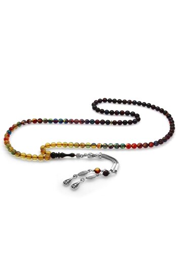 Tesbihane 99 Pcs Rosary - Non-Tarnish Metal, Water Drop Tassel, Globe Cut Bonibon Fire Amber
