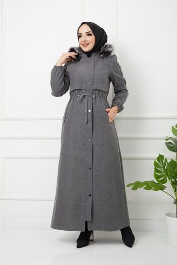 KMKkombin Women's Zippered Full Length Cashmere Hooded Fur Long Stitched Topcoat Coat