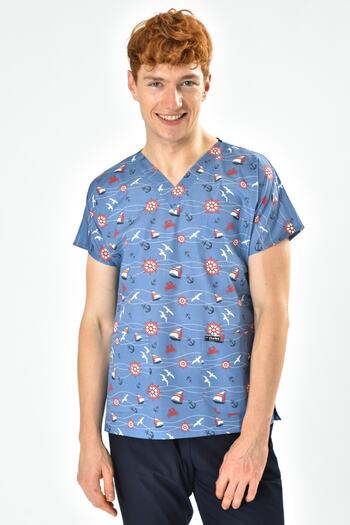Owlet Medikal Ship Patterned Blue Surgical Jersey Top