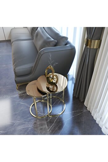 Puklife Ceylin 2'li Gold Zigon Sehpa , Bronz Aynalı