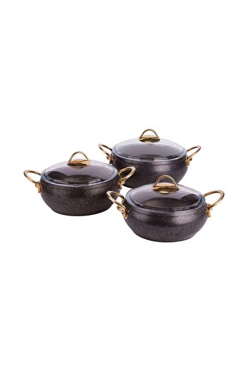 Özkent Black Gold Handle 3-Piece Granite Casserole Pot Set