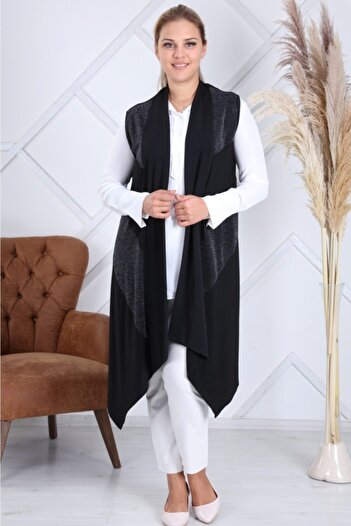 HESNA Sevda Large Size Asymmetrical Black Vest - Curved Glitter