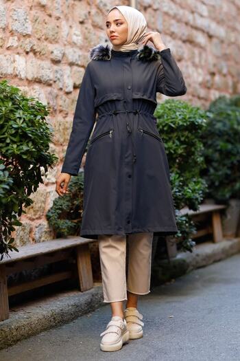 InStyle Leather Detailed Coat with Zipper Pockets and Fur Inside - Navy Blue