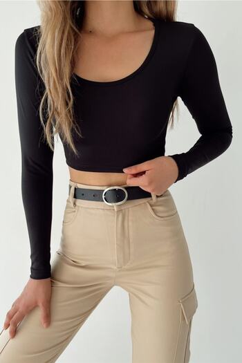 Eka Γυναικεία Μαύρη Μπλούζα Scuba Crop με λαιμόκοψη 0956-1185