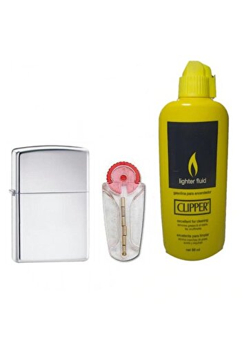 İNDİRİM CENTER Zippo Metalik Gümüş Gri Benzinli Çakmak Clipper Benzin 80 ml Zippo Taşı Süper Set
