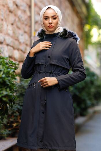 InStyle Leather Detailed Coat with Zipper Pockets and Fur Inside - Navy Blue