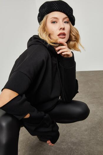 XHAN Women's Black Sleeves Laser Cut Label Detailed Sweatshirt 2KZK8-12201-02