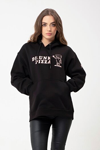 Eazy Co Φούτερ Eazy Drunk Pizza Oversize Unisex με μαύρο γιακά με κουκούλα