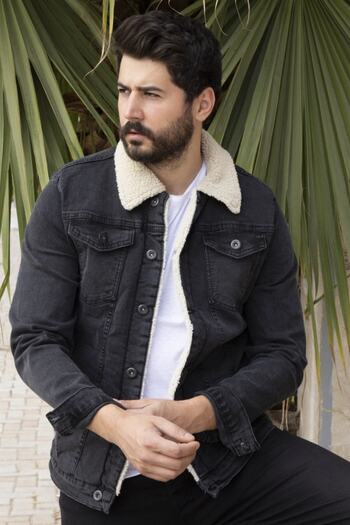 Klasskombin Men's Slimfit Furry Denim Coat Smoked Denim Coat Smoked