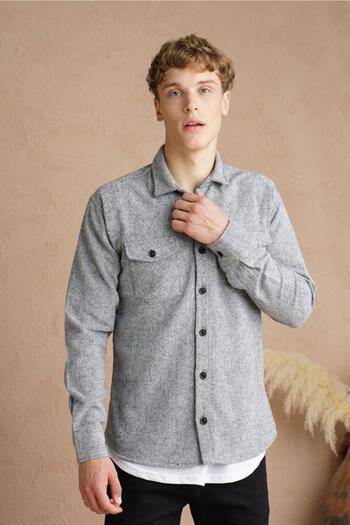 COOL TARZ Gray Men's Slim Fit Button-Up Collar Double Pocket Lumberjack Plain Shirt