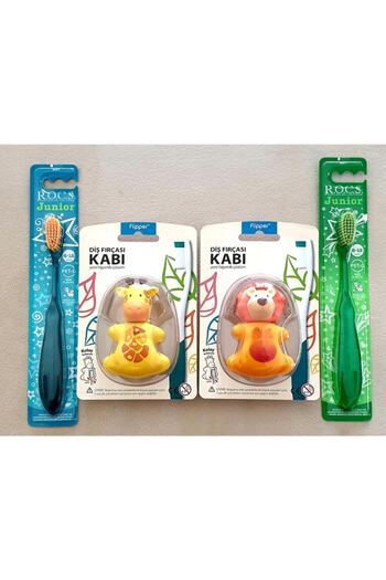 R.O.C.S. Rocs Junior Blue-green Toothbrush And Lion-giraffe Flipper Toothbrush Container Set