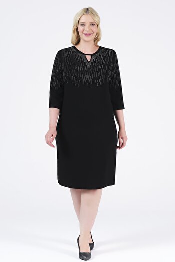 Oktay Imported Crepe Drop Collar Imported Jewelled Black Color Large Size Evening Dress
