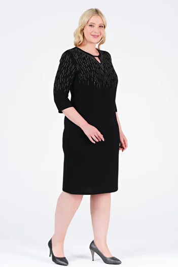 Oktay Imported Crepe Drop Collar Imported Jewelled Black Color Large Size Evening Dress