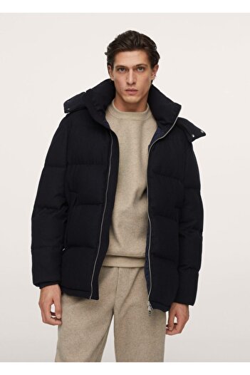 MANGO Man Men's Navy Blue Removable Long Anorak