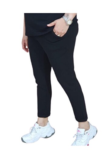 sinemisxxl Women's Black Elastic Waist Lycra Double Leg Scuba Crepe Comfortable Trousers