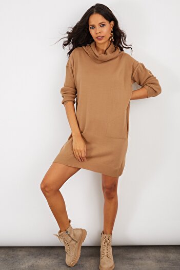 Cool & Sexy Kadın Camel Degaje Yaka Triko Mini Elbise YV73