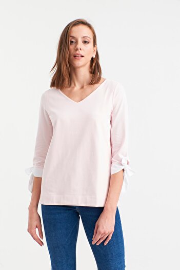 Hanna's by Hanna Darsa Women's Pink V-Neck Sleeve Tie-Up Blouse