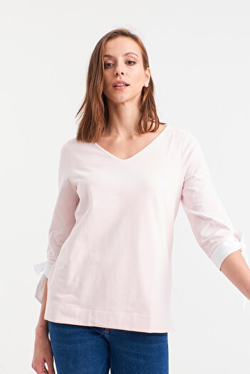 Hanna's by Hanna Darsa Women's Pink V-Neck Sleeve Tie-Up Blouse
